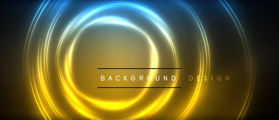 Neon glowing circle rays, light round lines in the dark, planet style neon wave Stock Illustration