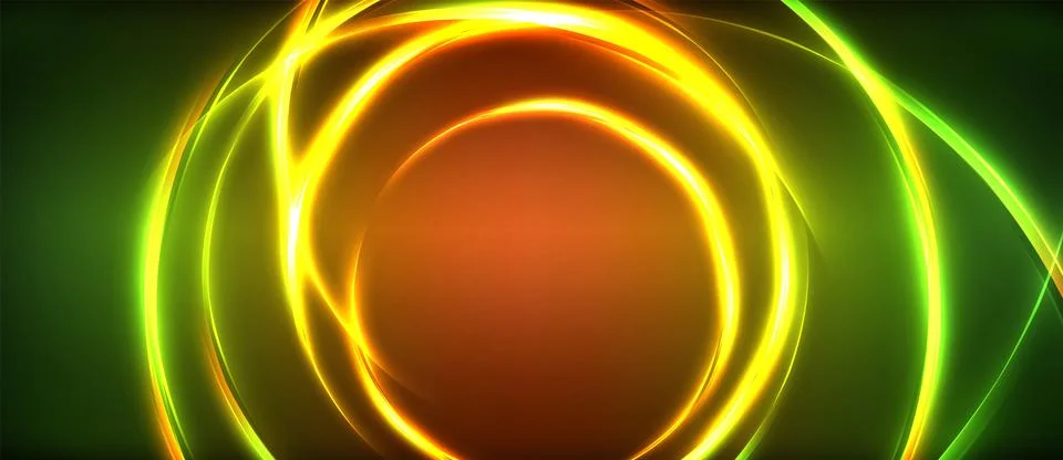 Neon glowing circle rays, light round lines in the dark, planet style neon wave Illustrazione stock