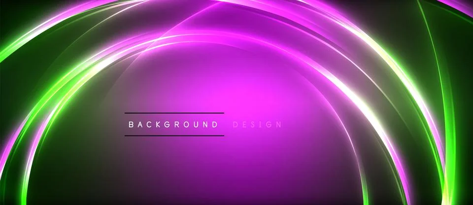 Neon glowing circle rays, light round lines in the dark, planet style neon wave Stock Illustration
