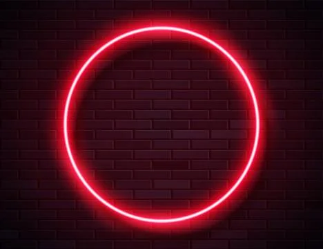 Neon Glowing Circle Red Frame for Banner on Dark Empty Grunge Brick Backgroun Stock Illustration