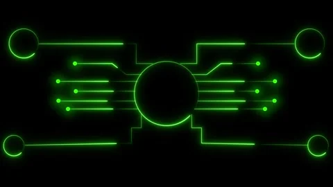 Neon glowing circuit board with central node and symmetrical connections Stock Footage 337366765