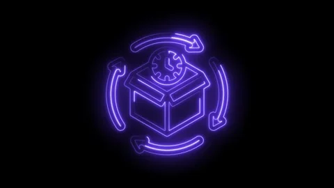 Neon glowing circular arrows around a cardboard box with clock icon symbolizing Stock Footage 333960809