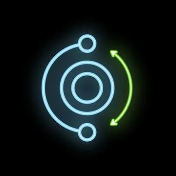 Neon glowing circular flowchart with arrows on black background Stock Illustration