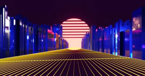 Neon glowing city with synthwave sun Stock Footage 159762527