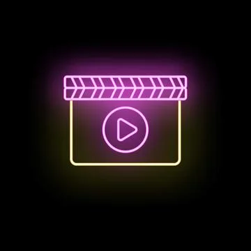 Neon glowing clapperboard with play button movie symbol Stock Illustration