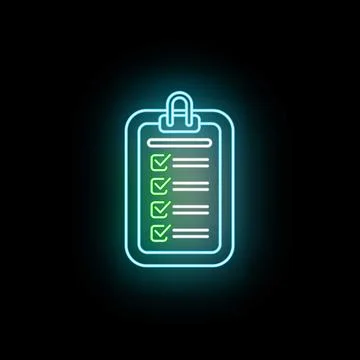 Neon glowing clipboard with completed checklist icon Stock Illustration