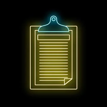 Neon glowing clipboard document list on black Stock Illustration