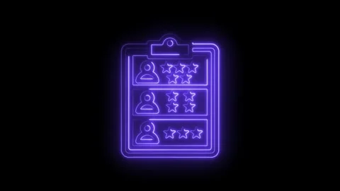 Neon glowing clipboard with user profiles and star ratings on black background Stock Footage 333965067