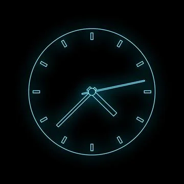 Neon glowing clock displaying time on black background 스톡 일러스트