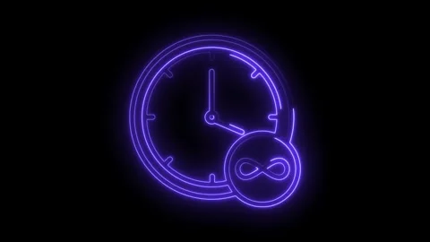 Neon glowing clock with infinity symbol on black background for endless pos.. Stock Footage 309911356