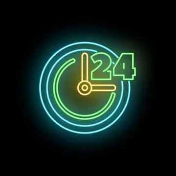 Neon glowing clock sign showing 24 hours service Stock Illustration
