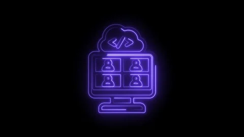Neon glowing cloud computing icon with coding symbols and multi-user video Stock Footage 333956172