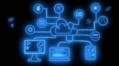 Neon glowing cloud computing network with devices animation Stock Footage 336887848