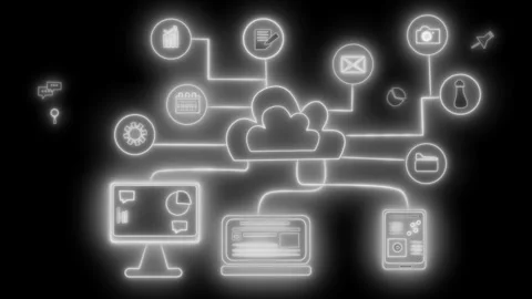 Neon glowing cloud computing network with devices animation Stock Footage 336887851