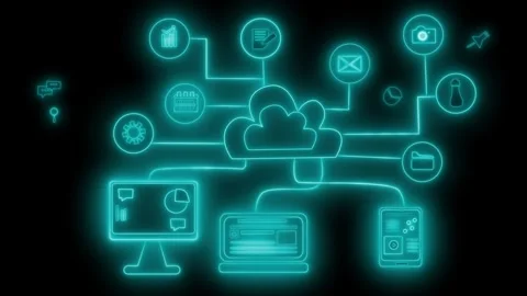 Neon glowing cloud computing network with devices animation Stock Footage 336887856