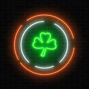 Neon glowing clover leaf sign. Green shamrock as Irish national holiday symbo Stock Illustration