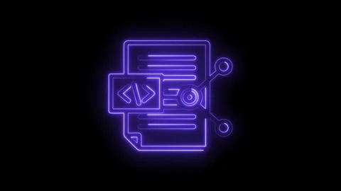 Neon glowing code document icon with data sharing symbol on black backgroun.. Stock Footage 346826462