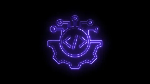 Neon glowing code symbol inside gear icon with circuit board connections di.. Stock Footage 346826249