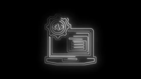 Neon glowing code symbol inside gear above laptop screen abstract digital t.. 스톡 동영상 346827492