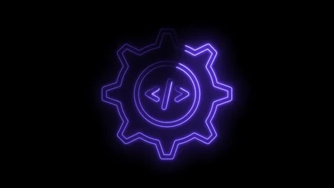 Neon glowing coding icon inside gear on black background animation Stock Footage 322974935