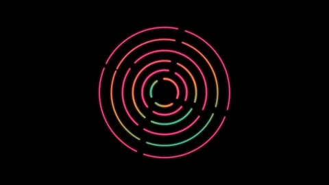 Neon glowing colorful concentric dashed circles rotating smoothly in contin.. Video stock 346449560