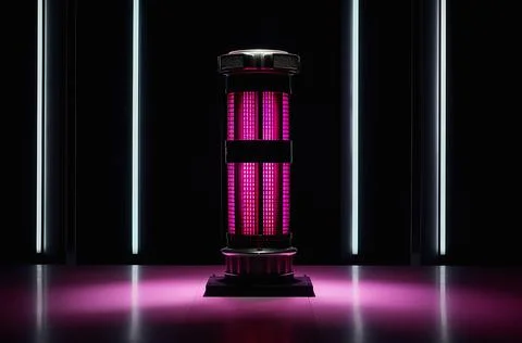 Neon glowing column pillar scene abstract in dark, science technology post punk Stock Illustration