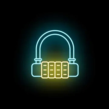 Neon glowing combination lock icon on black background Stock Illustration
