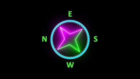Neon glowing compass rose with vibrant pink and green star shape isolated o.. Stockillustratie