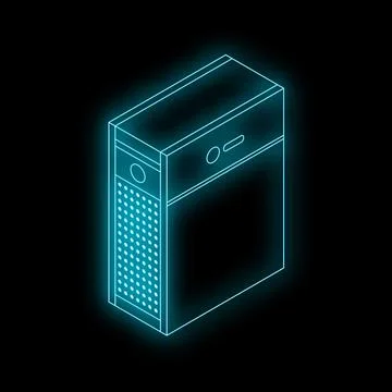 Neon glowing computer case with ventilation grill isometric view 스톡 일러스트