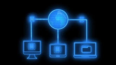 Neon glowing computer connection icon animation on black background Stock Footage 336911255