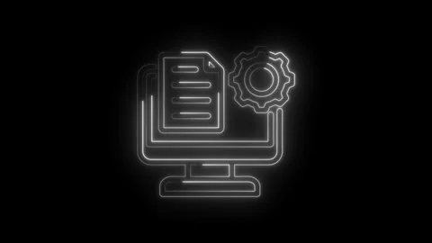Neon glowing computer icon with document and gear symbol representing data Stock Footage 333951409