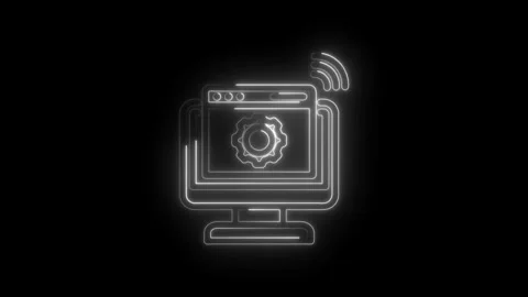 Neon glowing computer icon with gear and wifi signal on black background digital Stock Footage 333956147