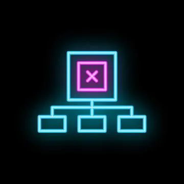 Neon glowing computer network icon showing disconnected server on black bri.. Illustrazione stock