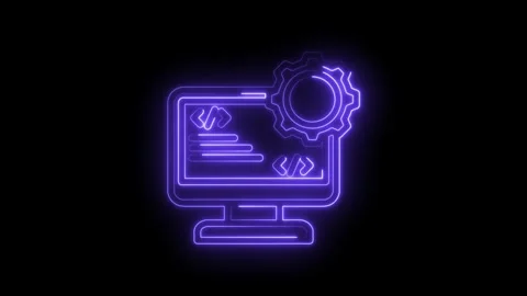 Neon glowing computer screen with code symbols and gear icon representing Stock Footage 333966318