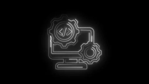 Neon glowing computer screen with code symbols and rotating gears symbolizi.. 動画素材 346825988