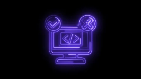 Neon glowing computer screen with code symbol and checkmark cross icons rep.. Stock Footage 346827192