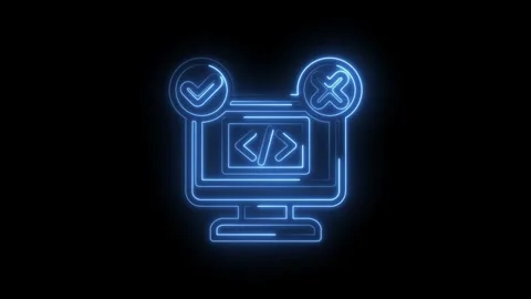 Neon glowing computer screen with coding symbols and checkmark cross icons .. Stock Footage 346827159