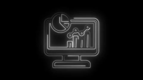 Neon glowing computer screen displaying financial charts and graphs with data 스톡 동영상 333951364