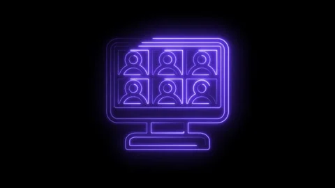 Neon glowing computer screen displaying multiple video conference participants Stock Footage 333951919