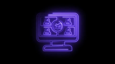 Neon glowing computer screen displaying a video conference with four Stock Footage 333956145