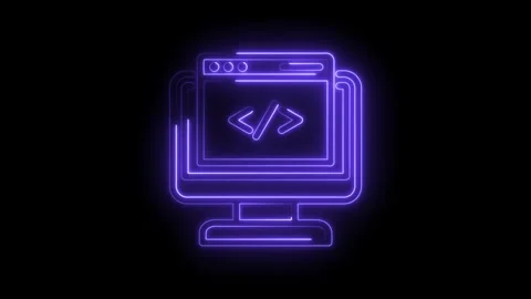 Neon glowing computer screen displaying code symbols abstract digital technology Stock Footage 333956153