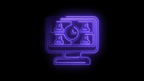 Neon glowing computer screen displaying a video conference with four Stock Footage 333956329