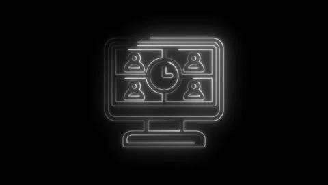 Neon glowing computer screen displaying video conference with four participants Stock Footage 333956338