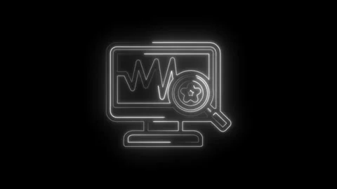 Neon glowing computer screen displaying a fluctuating graph and a magnifying 스톡 동영상 333959956