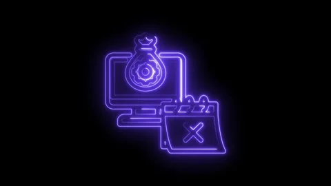 Neon glowing computer screen displaying money bag icon next to calendar wit.. Stock Footage 346122676