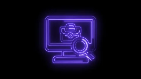 Neon glowing computer screen displaying briefcase icon with magnifying glas.. Stock Footage 346135838