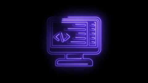Neon glowing computer screen displaying code symbols and lines of text on i.. 스톡 동영상 346825964