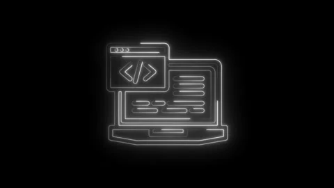 Neon glowing computer screen displaying code brackets and lines of text on .. 스톡 동영상 346826139