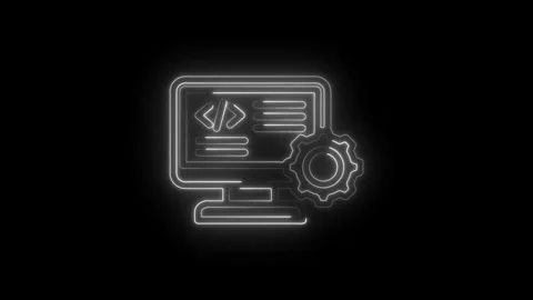 Neon glowing computer screen displaying code symbols and a rotating gear ic.. Video stock 346827281