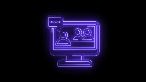 Neon glowing computer screen displaying video conference with three people .. Stock Footage 346830190